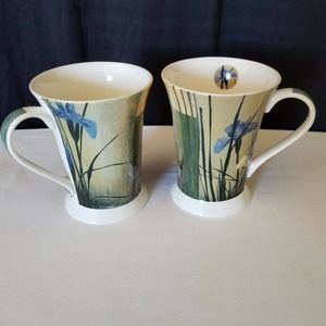 Portmeirion Pimpernel Iris Squares Coffee Tea Cup Floral Set of 2 ~EUC~